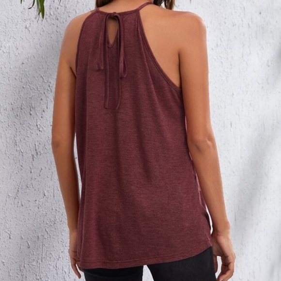 1 MED left! Boho Burgundy Cutout Detail Tie Back Halter Tank Top - Picture 2 of 7